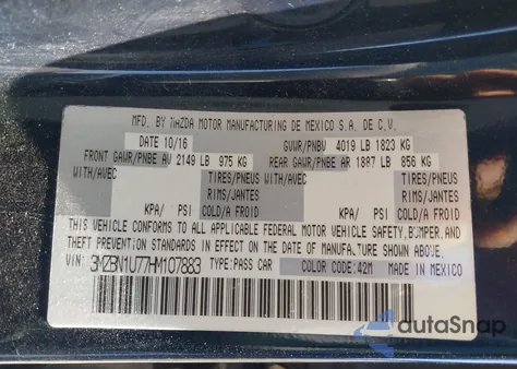 2017 Mazda Mazda3 Sport из США, поврежденный, VIN 3MZBN1U77HM107883